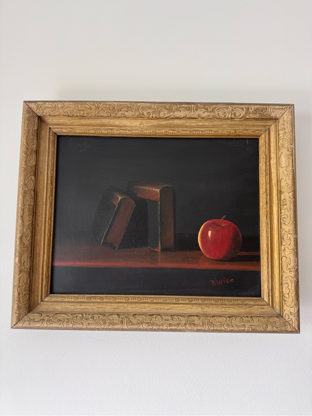 Moody Vintage Original Oil Painting Books and Apple